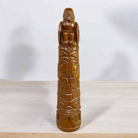 Red Mill 1990 Totem Pole Handcrafted Pecan Resin Wood 9” Tiki Statue Figure VTG - Picture 1 of 12